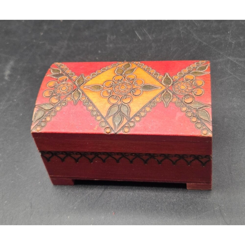Red Hand Carved Linden Wood Box From Tatra Mountains Region In Poland